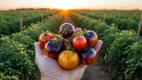 Fresh heirloom tomatoes in farmer hand at sunset over organic vegetable garden rows. Harvest season agricultural produce for healthy eating and farm markets.