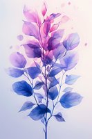 Delicate watercolor branch with translucent leaves in gradient colors from deep blue to soft pink, creating an ethereal botanical composition on light background.