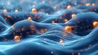 Abstract blue liquid waves with glowing golden particles floating in cosmic space creating dreamy ethereal atmosphere for digital art and fantasy designs.