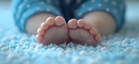Tiny newborn baby feet close up on soft blue blanket, showing delicate toes and smooth skin in gentle natural lighting. Perfect for parenting and childcare concepts.