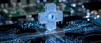 Digital healthcare technology concept with glowing medical cross symbol on futuristic circuit board background for telemedicine applications.