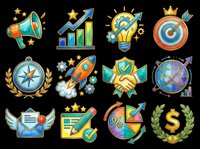 Colorful business icon set with megaphone, rocket, handshake, target, globe, and chart symbols, isolated on transparent background, ready for clipart, stickers, and print on demand.