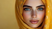Young Middle Eastern woman with striking blue eyes wearing golden yellow hijab headscarf against warm background for beauty and cultural diversity concepts.