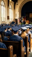 Graduation ceremony in historic chapel with students in caps and gowns seated in wooden pews during commencement celebration.