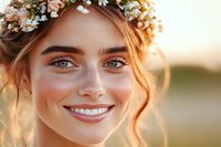 Young Caucasian woman with freckles and flower crown smiling at sunset. Natural makeup, white teeth, green eyes and ginger hair styled in romantic updo. Golden hour portrait.