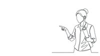 Female doctor in lab coat pointing gesture continuous line drawing isolated on white background for medical presentations and healthcare designs.