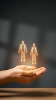 Glowing human figures floating above open palm representing healthcare protection, family insurance, life coverage and medical care concepts.