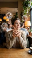 Young woman holding coffee cup with floating bubbles showing elderly people faces representing memory care and dementia support concept in cozy home setting.