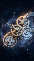 Cosmic clockwork mechanism with golden gears floating in starry space nebula background representing time travel and universe mysteries.