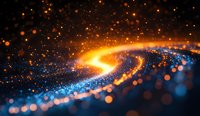 Glowing spiral of orange and blue light particles against dark background creates dynamic cosmic motion effect with sparkling bokeh elements.