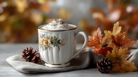 Cozy autumn scene with vintage floral cup of hot chocolate topped with whipped cream, surrounded by fall leaves and pine cones on rustic wooden table.