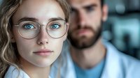 Young Caucasian woman wearing round glasses with blue eyes and blonde hair, with bearded man in background. Professional office environment portrait for business and lifestyle design.
