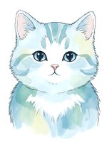 Adorable watercolor kitten portrait with blue eyes and soft pastel fur tones isolated on white background for nursery decor and pet lover designs.