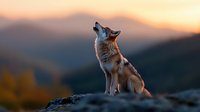 Wild wolf howling at sunset on mountain ridge with dramatic orange sky and misty valleys creating majestic wilderness scene for nature photography and wildlife content.
