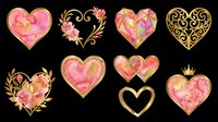 Romantic gold heart shapes with pink watercolor floral accents, isolated on transparent background. Ready for t-shirt designs, stickers, clipart, sublimation, print-on-demand products and digital crafts.