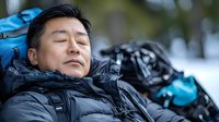 Asian male adventurer wearing winter gear and blue backpack rests outdoors in snowy landscape. Suitable for travel, adventure, and outdoor lifestyle content.