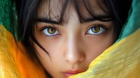 Young woman with striking amber eyes and dark hair wrapped in vibrant yellow and green fabric, close-up portrait with intense gaze and natural beauty.