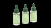 Cosmetic serum bottles with green dropper caps and pale yellow liquid isolated on transparent background, ready for skincare product design, packaging mockups, and print-on-demand applications.