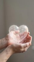 Hands holding glowing geometric heart shape with polygonal wireframe design representing love, care, protection and emotional connection in digital age.
