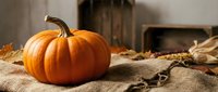 Orange pumpkin on rustic burlap with autumn leaves and seeds creating cozy fall harvest decoration for seasonal home decor and thanksgiving celebrations.