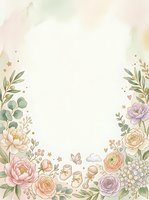 Watercolor floral frame with peonies, roses, and botanical elements on white background. Isolated design with decorative borders, stars, hearts, and butterflies. Perfect for invitations, greeting cards, and stationery templates.
