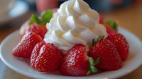 Fresh strawberries with whipped cream on white plate, sweet dessert ready for summer dining and restaurant menu photography.