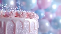 Pink frosted layer cake with dripping glaze against blurred bokeh background in soft pastel colors. Festive dessert with whipped cream swirls and sprinkles for celebration.