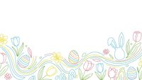 Colorful line art Easter border with eggs, tulips, daisies and bunny ears on white background for spring holiday designs and greeting cards.