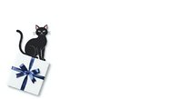 Black cat sitting on white gift box with blue ribbon bow, isolated on white background for holiday greeting cards, pet adoption promotions, and festive designs.