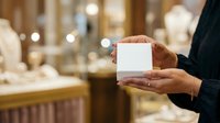 Close-up of hands holding an open white gift box in an upscale jewelry store with blurred golden display cases and warm lighting in background.