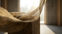 Natural jute rope coiled in rustic wooden interior with warm sunlight streaming through window creating peaceful atmosphere for home decor projects.