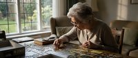 Senior Caucasian woman with gray hair working on jigsaw puzzle at wooden table by window in cozy living room, enjoying leisure retirement activity.