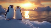 Two baby penguins standing close together on snowy ground against golden sunset sky and sparkling ocean water, creating romantic winter wildlife scene.