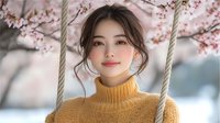 Young Asian woman in yellow turtleneck sweater sitting on swing with cherry blossoms blooming in background, soft natural lighting creates dreamy spring atmosphere.