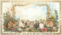 Watercolor greeting card with cute mice surrounded by flowers and foliage, golden decorative border, soft pastel tones, copy space at top.