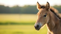 Young chestnut foal portrait in golden sunlight on green pasture field during warm summer evening with soft bokeh background for equestrian content.