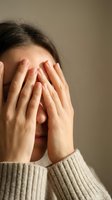 Young woman covering face with hands expressing stress, anxiety, depression or headache pain in beige sweater for mental health awareness campaigns.