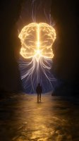 Silhouette of person standing beneath glowing neural network shaped like human brain, emanating ethereal light rays against dark background, mystical atmosphere.