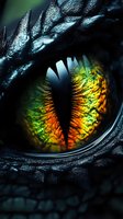 Extreme close-up of vibrant dragon eye with yellow, orange and green iris, black vertical pupil and textured dark scales surrounding. Mystical fantasy concept.