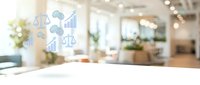 Compliance and legal icons floating above modern office desk with blurred corporate workspace background, representing business law and regulatory standards.
