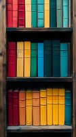 Colorful vintage books arranged on wooden shelves creating rainbow pattern. Collection of old hardcover volumes in red, yellow, and turquoise shades for library decor.
