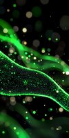 Abstract green glowing wave with sparkles and bokeh effects on black background, featuring luminous particles and dynamic flowing motion.