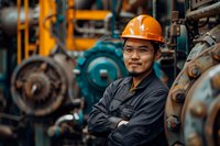 Asian male industrial worker wearing orange hard hat and safety glasses stands confidently with crossed arms in front of heavy machinery at manufacturing plant.