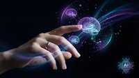 Human hands reaching toward glowing digital brain with AI neural networks and futuristic holographic interface elements on dark cosmic background.
