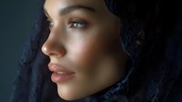 Young woman wearing black lace veil in dramatic side lighting, with soft glowing skin and natural makeup, against dark background showing elegant profile view.