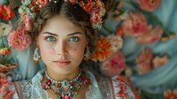 Ethereal spring portrait of young woman with bright blue eyes and floral crown, wearing vintage lace dress and colorful beaded necklace against soft coral roses background, perfect for beauty blogs.