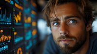 Young Caucasian male trader with blue eyes and beard looking at financial market data charts and graphs on multiple screens in dark trading room environment.