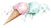 Watercolor ice cream cone with pink and mint scoops dripping with paint splashes and artistic watercolor effect, sweet summer dessert illustration.