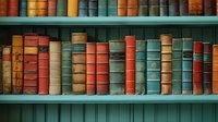 Vintage leather-bound books arranged on turquoise wooden shelves, showing worn spines in warm red, brown, and teal colors creating nostalgic library atmosphere.