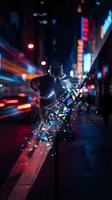 Shattered glass mannequin torso exploding with colorful light fragments on neon-lit urban street at night, perfect for modern design and advertising projects.